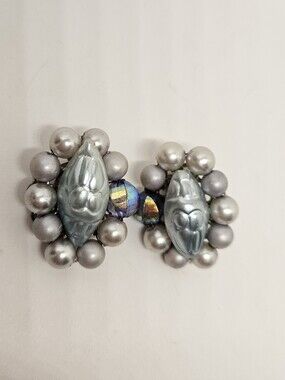 Japan Faux Pearl Crystal Cluster Clip On Earrings Signed